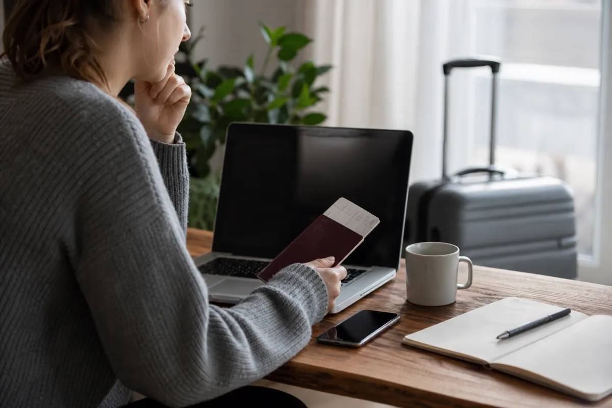 Reseplanering med laptop, resehandlingar och bagage för artikeln No-show på flyg: vad det innebär och varför du bör avboka istället