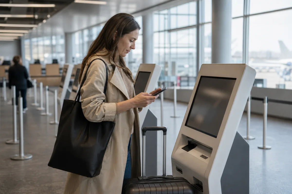 Resenär med bagage vid incheckning på en generisk flygplats för artikeln Norwegian check-in: två sätt online och när du måste till disken