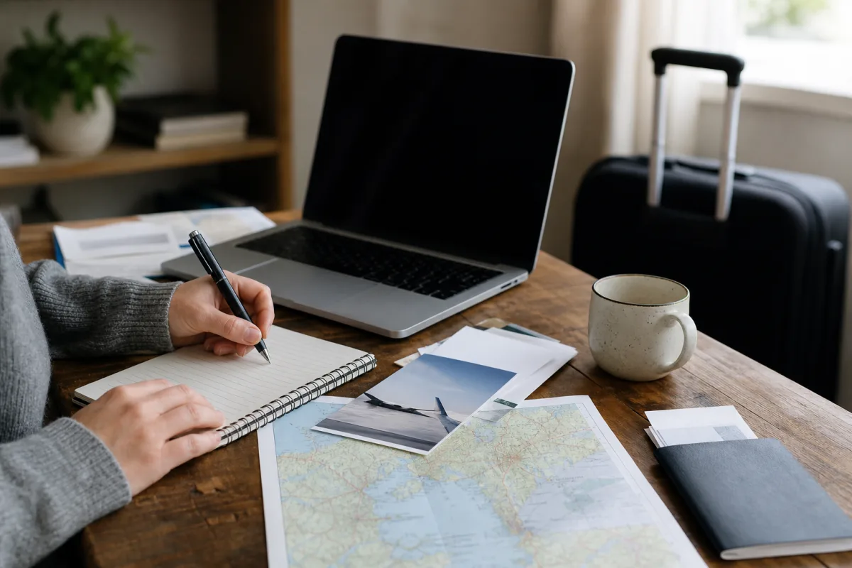 Redaktionellt arbetsbord med reseanteckningar och generisk laptop för artikeln Flygzon.se – oberoende guide för dig som flyger