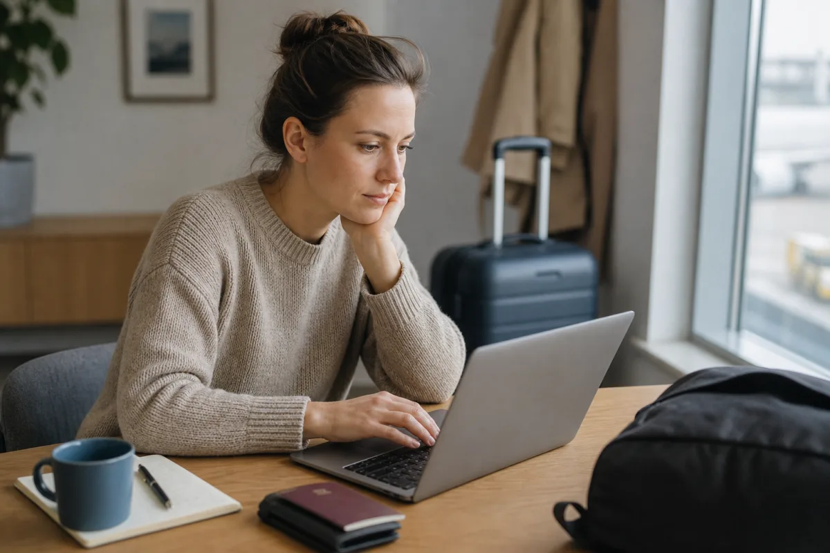 Reseplanering med laptop, resehandlingar och bagage för artikeln Omboka flyg: så går ändringen till och vad den kostar