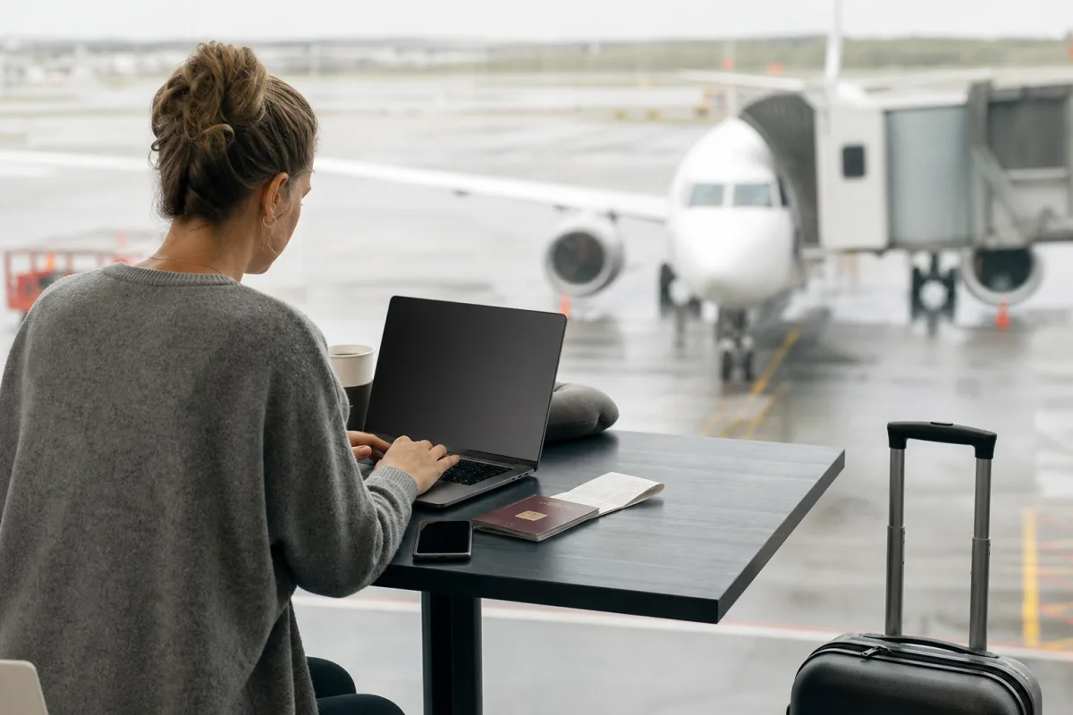 Reseplanering med laptop, resehandlingar och bagage för artikeln Open jaw – flyg in på en ort, hem från en annan