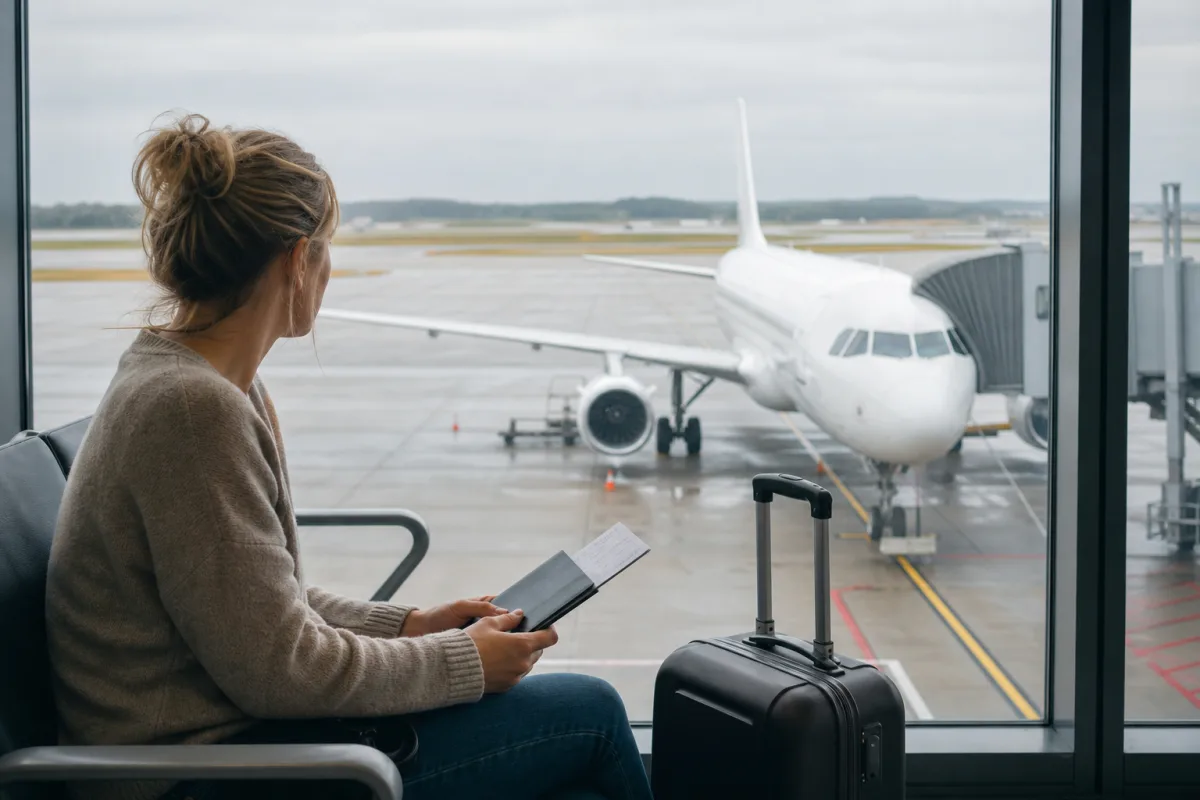 Generiskt flygplan vid gate utan flygbolagslogotyper för artikeln Operated by – vad betyder det på din flygbiljett?