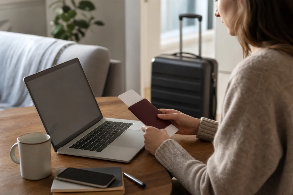 Reseplanering med laptop, resehandlingar och bagage för artikeln PNR och bokningsreferens: vad koden betyder och var du hittar den