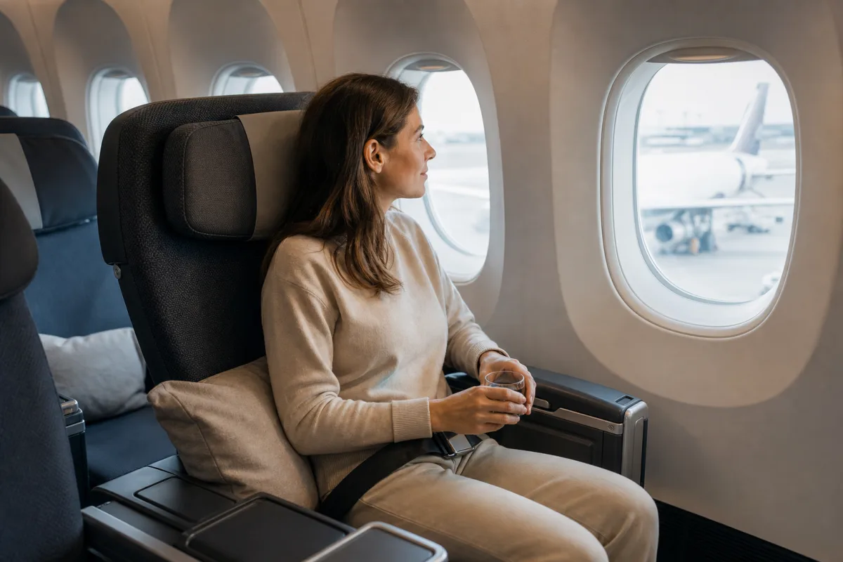 Lugn flygplatsmiljö med sittplatser och handbagage för artikeln Premium Economy – vad som skiljer den från economy och business