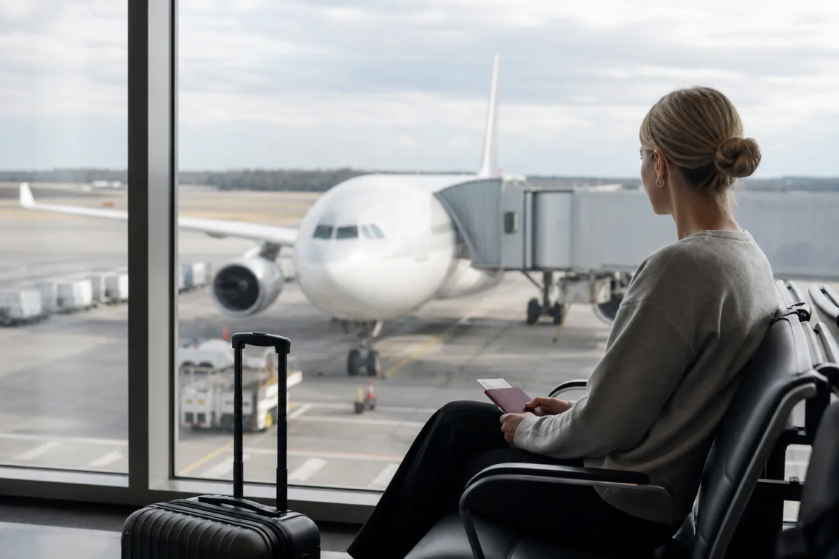 Generiskt flygplan vid gate utan flygbolagslogotyper för artikeln Qatar Airways – bagage, biljettklasser och mellanlandning i Doha