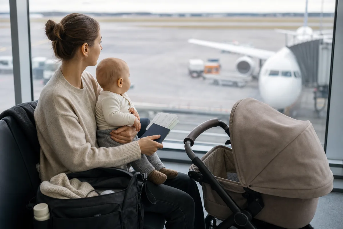 Praktisk reseförberedelse med bagage och resehandlingar för artikeln Resa med baby på flyget: knäbarn, eget säte och vad som är gratis