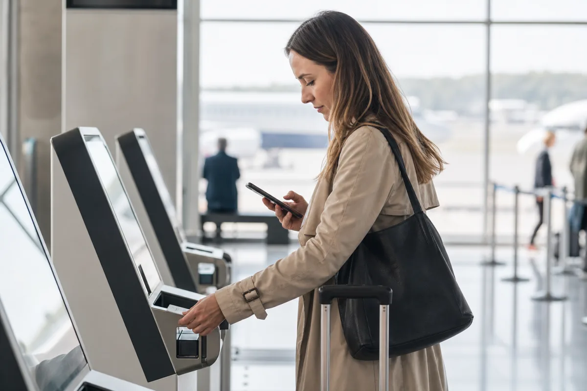 Resenär med bagage vid incheckning på en generisk flygplats för artikeln Ryanair check-in: digitalt boardingkort och incheckning i appen