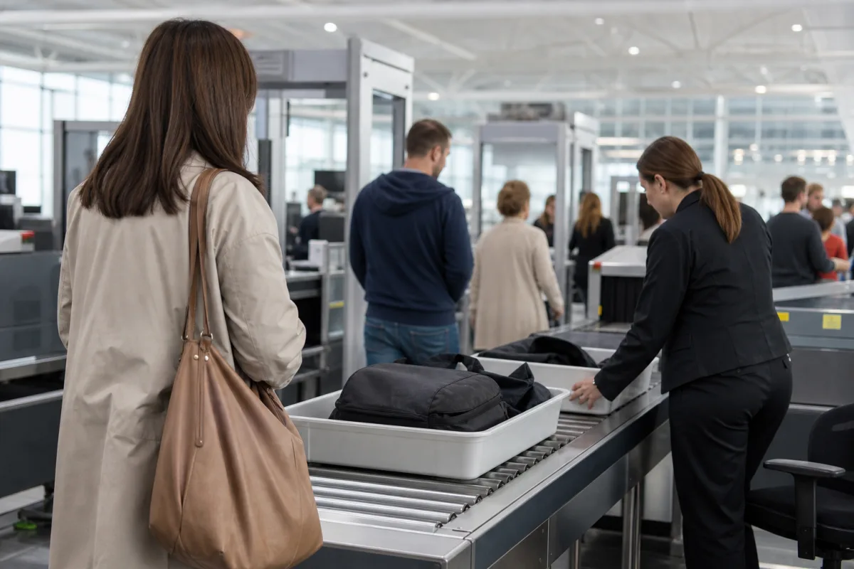 Ljus generisk flygplatsterminal med resenärer och bagage för artikeln Säkerhetskontroll på flygplatsen: så går det till