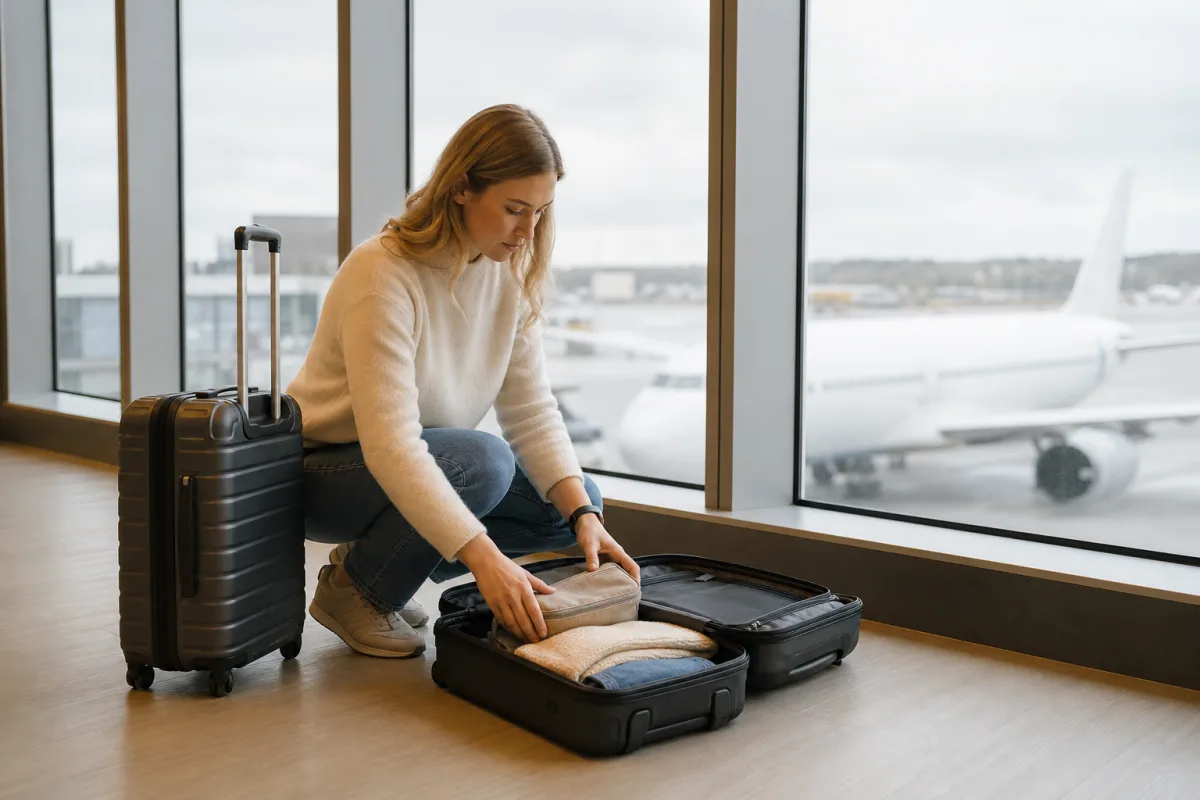 Generiskt handbagage och resväska i en lugn flygplatsmiljö för artikeln SAS bagage: mått och vikt för handbagage och incheckat bagage