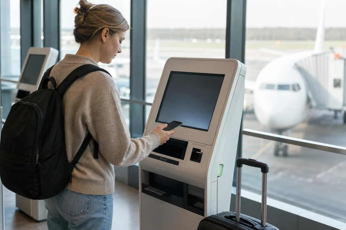 Resenär med bagage vid incheckning på en generisk flygplats för artikeln SAS check-in: tre sätt att checka in och när disken krävs