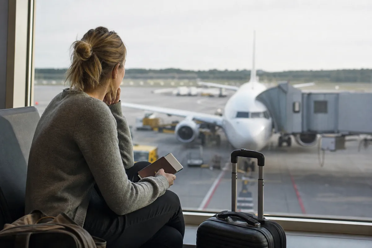 Generiskt flygplan vid gate utan flygbolagslogotyper för artikeln SAS flygbolag: incheckning, bagage och EuroBonus i praktiken