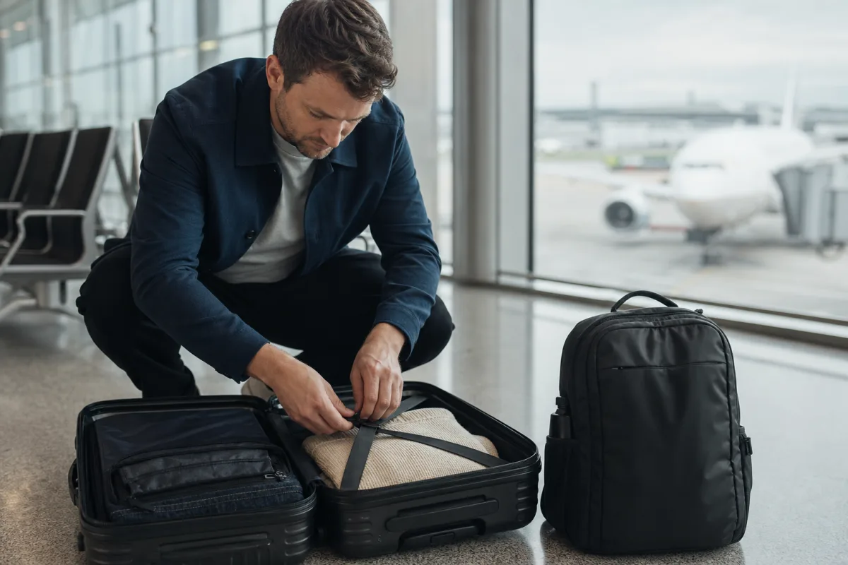 Generiskt handbagage och resväska i en lugn flygplatsmiljö för artikeln Skadat bagage efter flygresan: så reklamerar du i tid