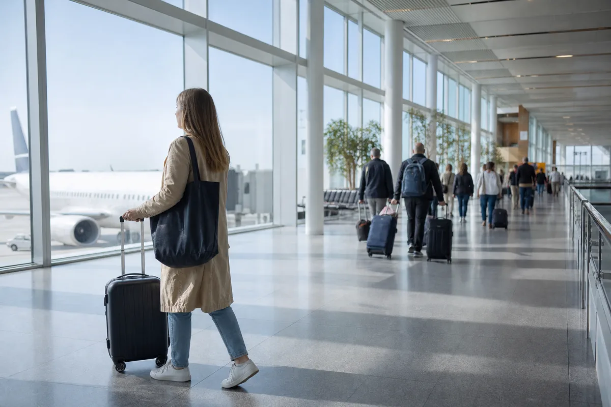 Ljus generisk flygplatsterminal med resenärer och bagage för artikeln Skavsta flygplats: destinationer, incheckning och bagage