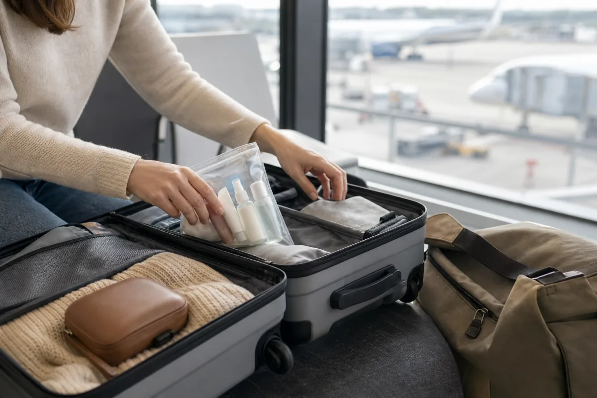 Generiskt handbagage och resväska i en lugn flygplatsmiljö för artikeln Taxfree på flygplatsen: så handlar du utan problem i kontrollen