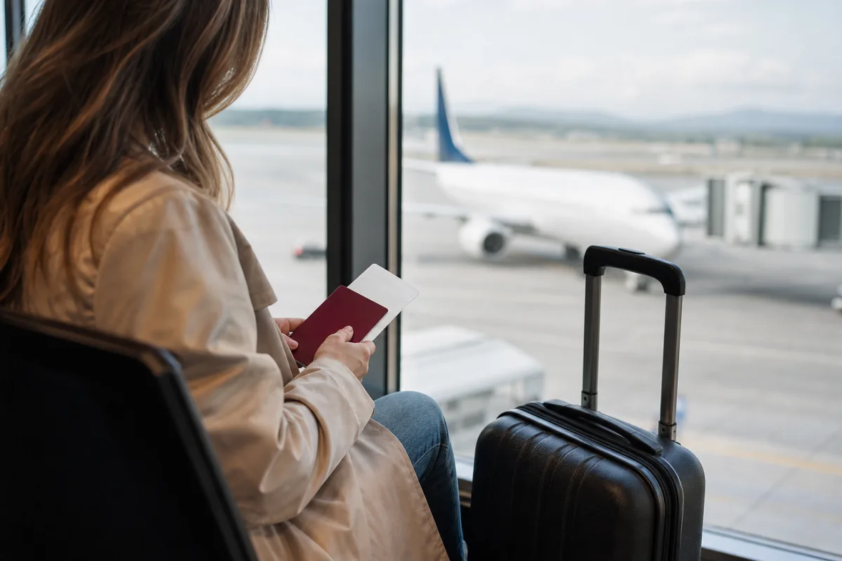 Generisk resesituation med kabinväska och resehandlingar för artikeln Umeå Airport: destinationer, öppettider och säkerhetskontroll