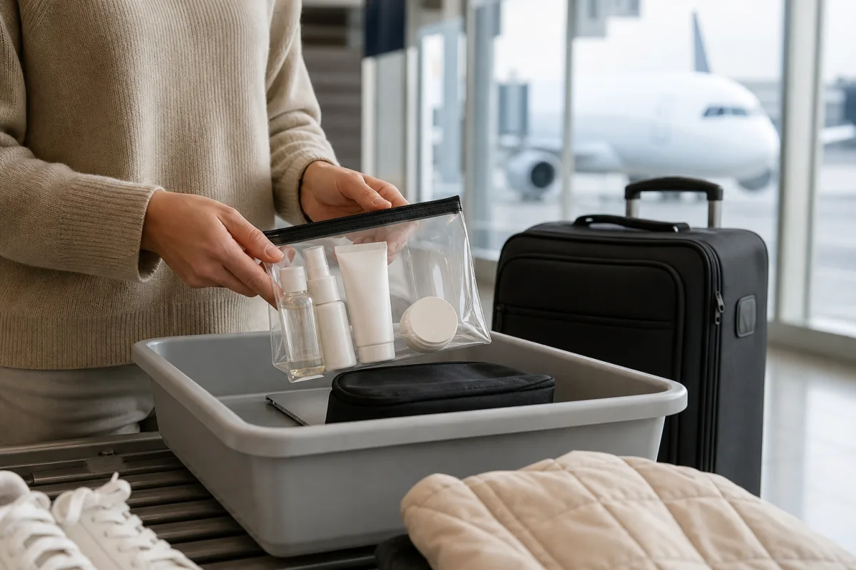 Generiskt handbagage och resväska i en lugn flygplatsmiljö för artikeln Vätskor i handbagaget: regler, undantag och nya skannrar
