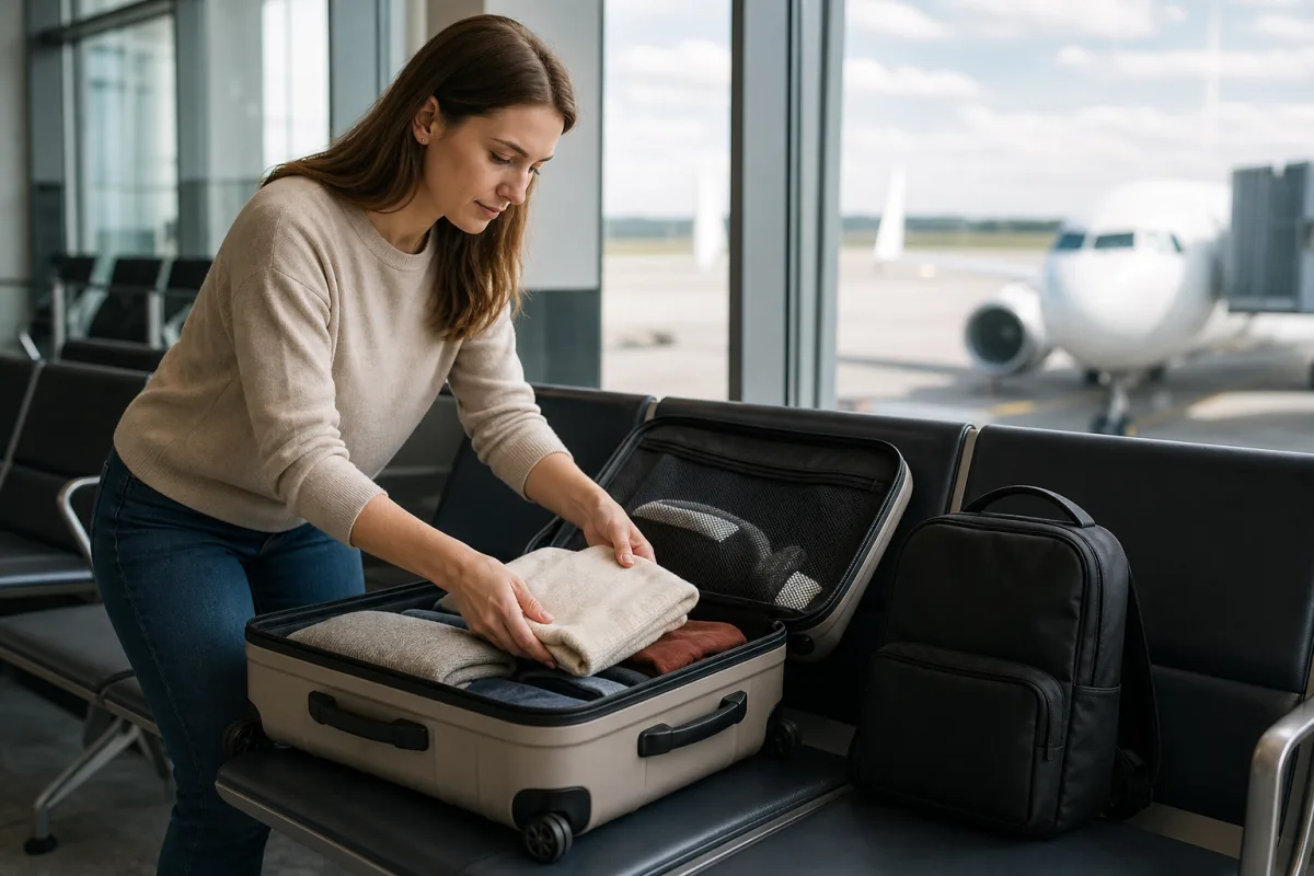 Generiskt handbagage och resväska i en lugn flygplatsmiljö för artikeln Wizz Air bagage: mått, vikt och viktklasser för handbagage och incheckat bagage