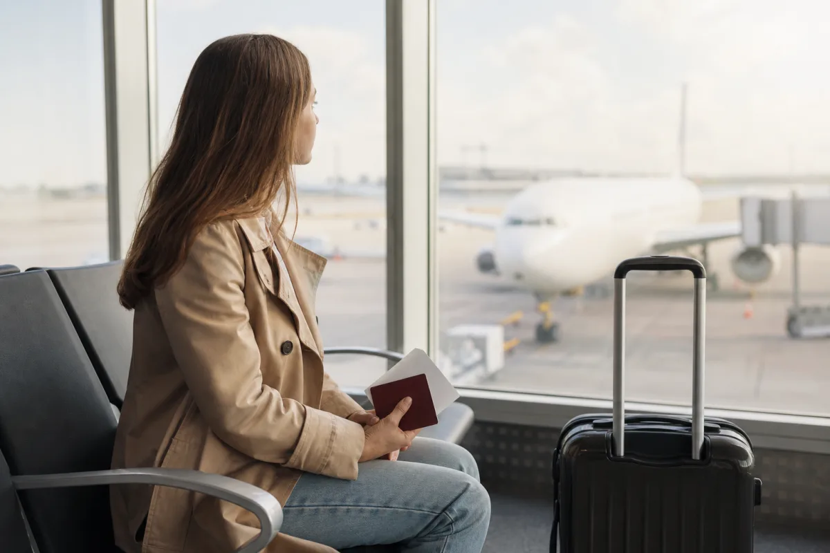 Generisk resesituation med kabinväska och resehandlingar för artikeln Wizz Air – så fungerar bokning, bagage och incheckning